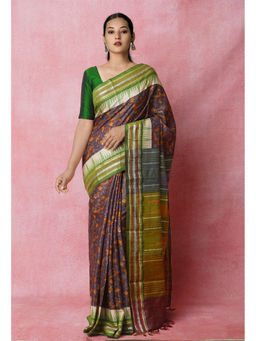 Unnati Silks - Grey Pure Handloom Block Printed Vidarbha Tussar Jute Saree with Unstitched Blouse