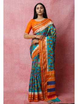 Unnati Silks - Blue Pure Handloom Block Printed Vidarbha Tussar Jute Saree with Unstitched Blouse