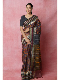 Unnati Silks - Dark Brown Pure Handloom Block Printed Tussar Jute Saree with Unstitched Blouse