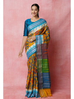 Unnati Silks - Mustard Yellow Pure Handloom Block Printed Tussar Jute Saree with Unstitched Blouse