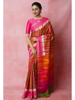 Unnati Silks - Multi Pure Handloom Printed Vidarbha Tussar Jute Saree with Unstitched Blouse