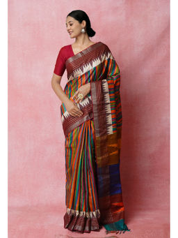 Unnati Silks - Multi Pure Handloom Printed Vidarbha Tussar Jute Saree with Unstitched Blouse