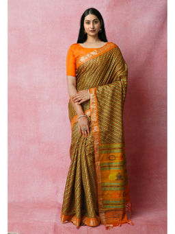 Unnati Silks - Mustard Pure Handloom Block Printed Vidarbha Tussar Jute Saree with Unstitched Blouse