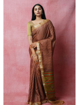 Unnati Silks - Beige Pure Handloom Block Printed Vidarbha Tussar Jute Saree with Unstitched Blouse