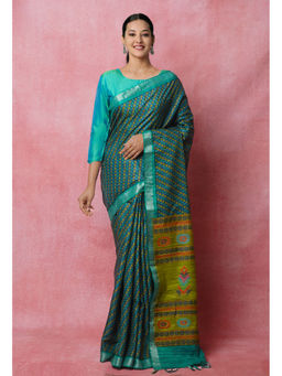 Unnati Silks - Green Pure Handloom Block Printed Vidarbha Tussar Jute Saree with Unstitched Blouse
