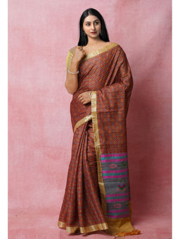 Unnati Silks - Maroon Pure Handloom Block Printed Vidarbha Tussar Jute Saree with Unstitched Blouse