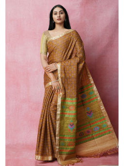 Unnati Silks - Dark Brown Pure Handloom Block Printed Tussar Jute Saree with Unstitched Blouse