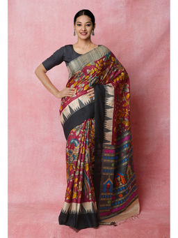Unnati Silks - Maroon Pure Handloom Kalamkari Printed Tussar Jute Saree with Unstitched Blouse