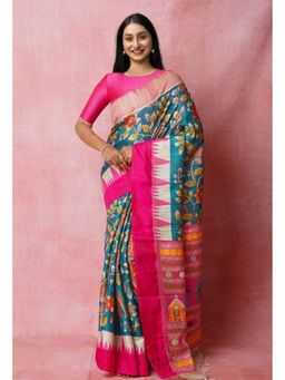 Unnati Silks - Peacock Green Pure Handloom Kalamkari Printed Tussar Jute Saree with Unstitched Blouse