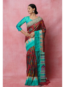 Unnati Silks - Burgundy Pure Handloom Kalamkari Printed Tussar Jute Saree with Unstitched Blouse