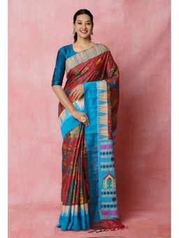 Unnati Silks - Maroon Pure Handloom Kalamkari Printed Tussar Jute Saree with Unstitched Blouse