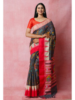 Unnati Silks - Pewter Grey Pure Handloom Kalamkari Printed Tussar Jute Saree with Unstitched Blouse