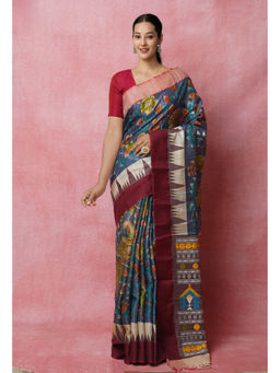 Unnati Silks - Blue Pure Handloom Kalamkari Printed Vidarbha Tussar Jute Saree with Unstitched Blouse