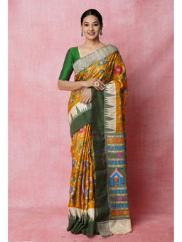 Unnati Silks - Mustard Pure Handloom Kalamkari Printed Tussar Jute Saree with Unstitched Blouse