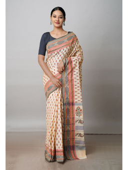 Unnati Silks - Cream Pure Handloom Pavani Dyed Printed Chettinad Cotton Saree