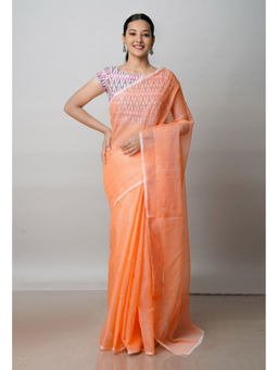 Unnati Silks - Orange Pure Plain Kota Cotton Saree with Unstitched Blouse
