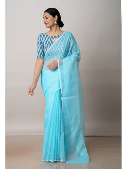 Unnati Silks - Blue Pure Plain Kota Cotton Saree with Unstitched Blouse