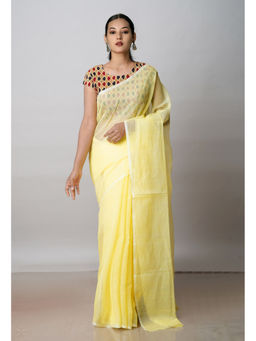 Unnati Silks - Yellow Pure Plain Kota Cotton Saree with Unstitched Blouse