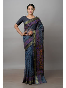 Unnati Silks - Bluish Grey Pure Dyed Printed Kota Cotton Saree with Unstitched Blouse