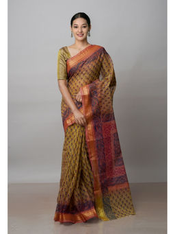 Unnati Silks - Mustard Pure Dyed Printed Kota Cotton Saree with Unstitched Blouse