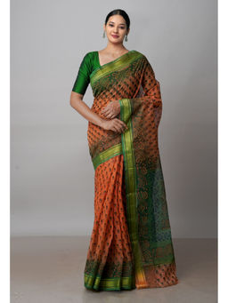 Unnati Silks - Orange Pure Dyed Printed Kota Cotton Saree with Unstitched Blouse