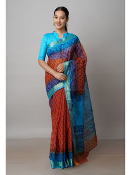 Unnati Silks - Cinnamon Rust Pure Dyed Printed Kota Cotton Saree with Unstitched Blouse