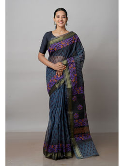 Unnati Silks - Bluish Grey Pure Dyed Printed Kota Cotton Saree with Unstitched Blouse