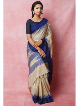 Unnati Silks - Navy Blue Pure Bengal Ghicha Tussar Jute Saree with Unstitched Blouse