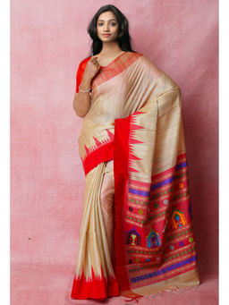 Unnati Silks - Cherry Red Pure Bengal Ghicha Tussar Jute Saree with Unstitched Blouse