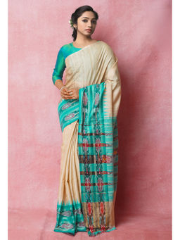 Unnati Silks - Turquoise Green Pure Bengal Ghicha Tussar Jute Saree with Unstitched Blouse
