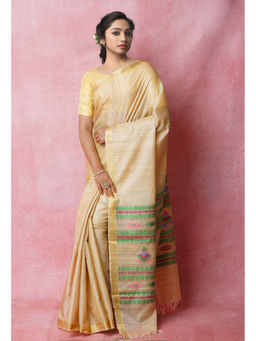 Unnati Silks - Cream Pure Bengal Ghicha Tussar Jute Saree with Unstitched Blouse
