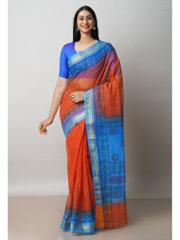 Unnati Silks - Rust Pure Dyed Printed Kota Cotton Saree with Unstitched Blouse