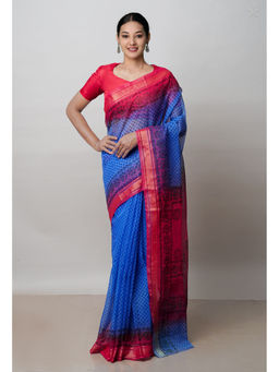 Unnati Silks - Dark Blue Pure Dyed Printed Kota Cotton Saree with Unstitched Blouse