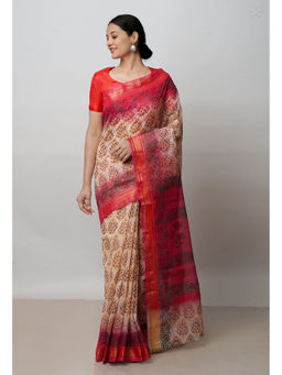 Unnati Silks - Cream Pure Dyed Printed Kota Cotton Saree with Unstitched Blouse
