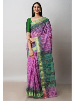 Unnati Silks - Pink Pure Dyed Printed Kota Cotton Saree with Unstitched Blouse