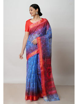 Unnati Silks - Dark Blue Pure Dyed Printed Kota Cotton Saree with Unstitched Blouse