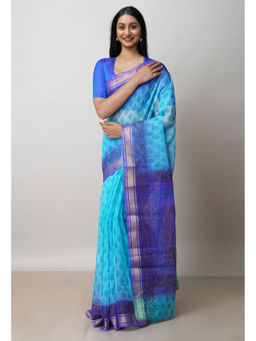 Unnati Silks - Blue Pure Dyed Printed Kota Cotton Saree with Unstitched Blouse