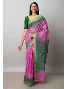 Unnati Silks - Pink Pure Dyed Printed Kota Cotton Saree with Unstitched Blouse