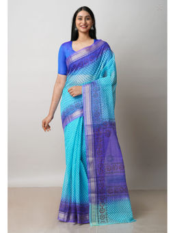 Unnati Silks - Blue Pure Dyed Printed Kota Cotton Saree with Unstitched Blouse