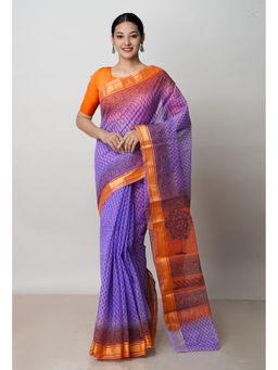 Unnati Silks - Blue Pure Dyed Printed Kota Cotton Saree with Unstitched Blouse