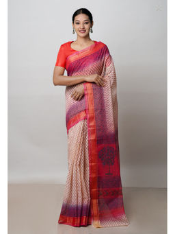 Unnati Silks - Cream Pure Dyed Printed Kota Cotton Saree with Unstitched Blouse
