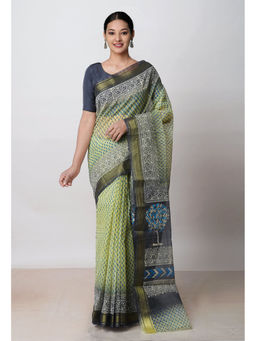 Unnati Silks - Light Green Pure Dyed Printed Kota Cotton Saree with Unstitched Blouse