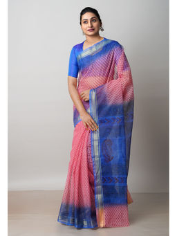 Unnati Silks - Light Pink Pure Dyed Printed Kota Cotton Saree with Unstitched Blouse