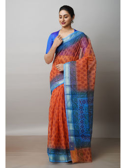 Unnati Silks - Rust Pure Dyed Printed Kota Cotton Saree with Unstitched Blouse