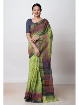 Unnati Silks - Light Green Pure Dyed Printed Kota Cotton Saree with Unstitched Blouse