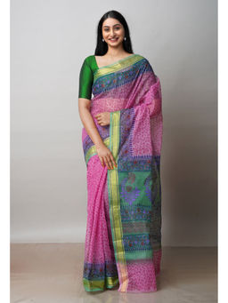 Unnati Silks - Pink Pure Dyed Printed Kota Cotton Saree with Unstitched Blouse