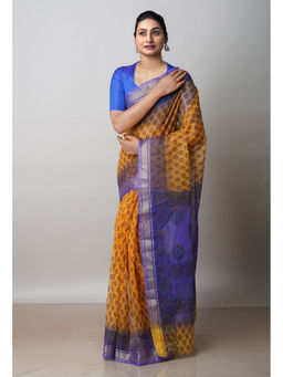 Unnati Silks - Mustard Pure Dyed Printed Kota Cotton Saree with Unstitched Blouse