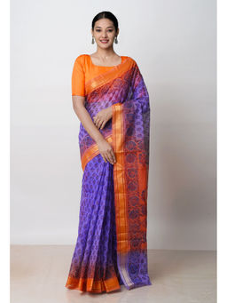 Unnati Silks - Blue Pure Dyed Printed Kota Cotton Saree with Unstitched Blouse