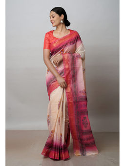 Unnati Silks - Cream Pure Dyed Printed Kota Cotton Saree with Unstitched Blouse
