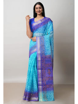 Unnati Silks - Blue Pure Dyed Printed Kota Cotton Saree with Unstitched Blouse